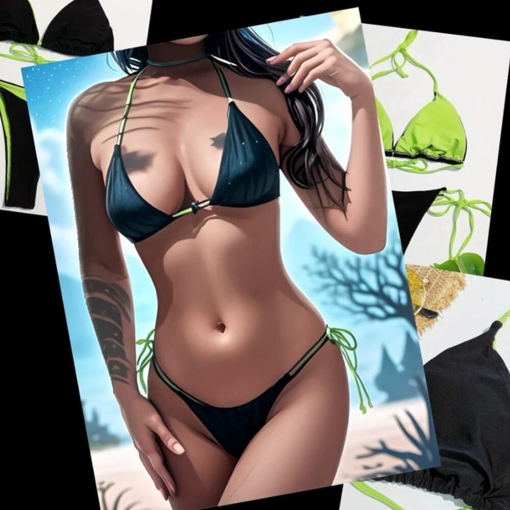 Black Green High Waisted Triangle Halter Top Cheeky String Bikini SMALL A-C Cup